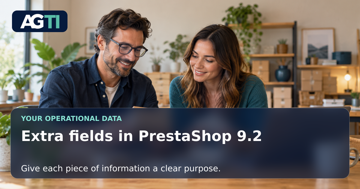 Retail colleagues examining product information, with a headline about extra fields in PrestaShop 9.2.