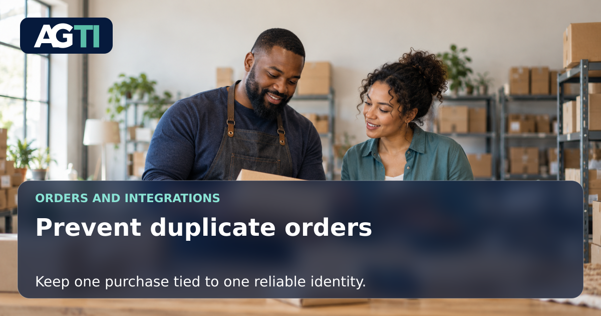 Fulfillment colleagues reviewing an order, with a headline about preventing duplicate order records.