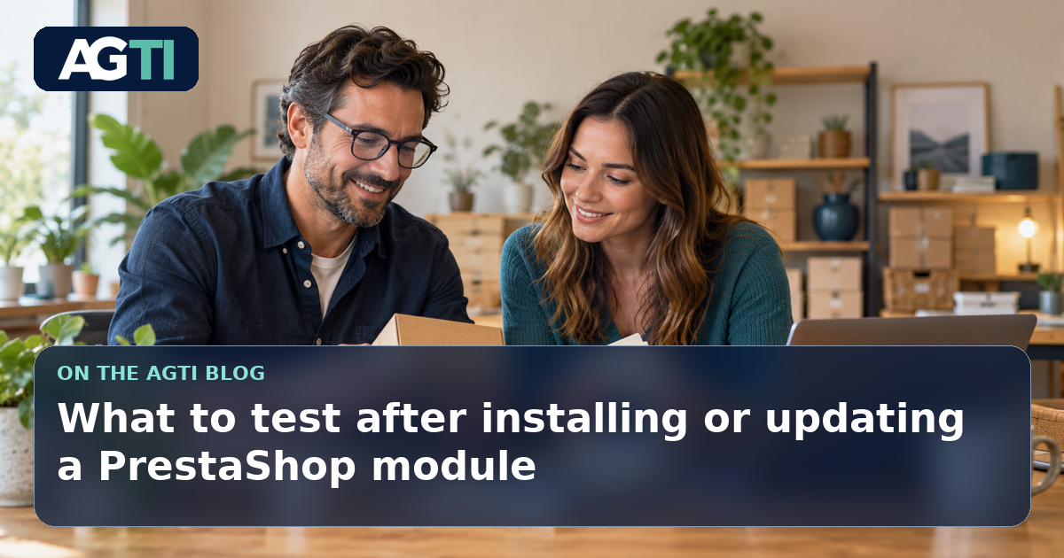 People review product information in a store. Cover for an article on testing after installing or updating PrestaShop modules.